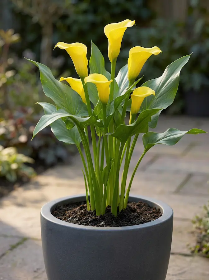 cala amarilla en maceta redonda color antracita