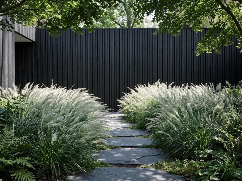 Integración paisajística de masas de Calamagrostis brachytricha aportando textura vertical en un jardín contemporáneo de sombra moteada con madera y pizarra.