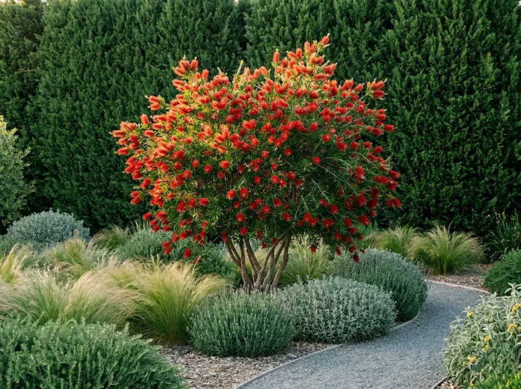 Callistemon laevis en su totalidad, capturado a media distancia con nitidez absoluta de arriba a abajo. La planta muestra su porte arbustivo y su madurez estructural, integrada en una matriz de plantas mediterráneas