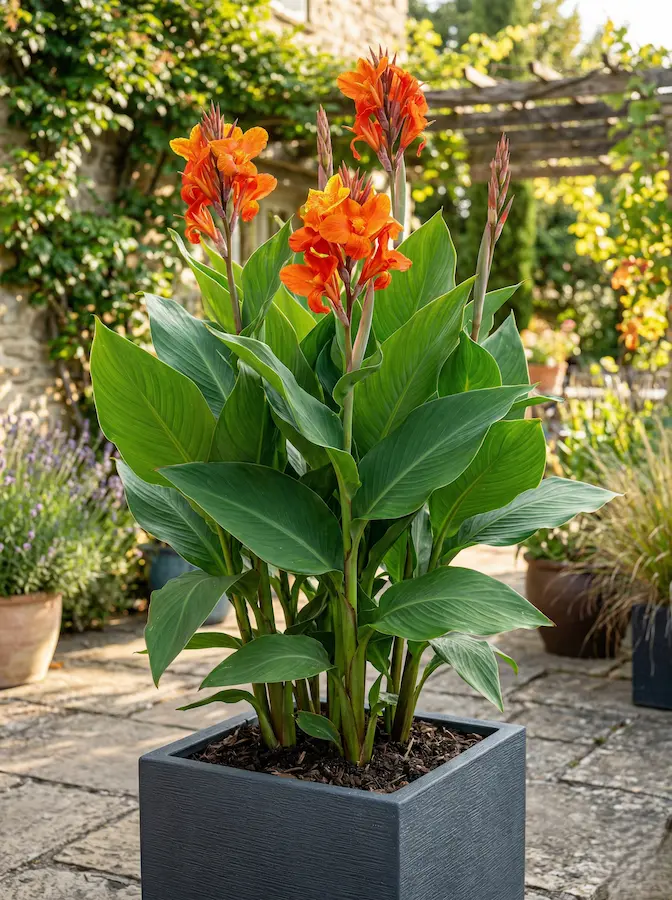 canna inidca en maceta cuadrada gris