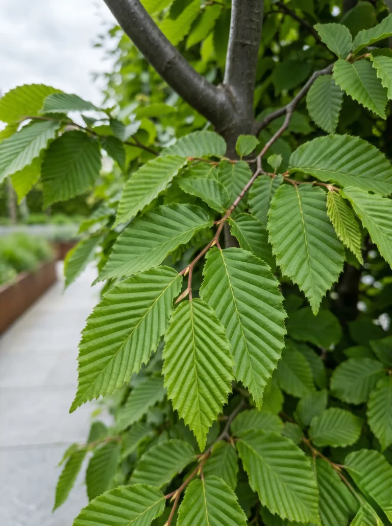 Primer plano fotográfico de las hojas profundamente nervadas y de textura plisada del Carpe (Carpinus betulus), mostrando su vibrante tono verde primaveral.