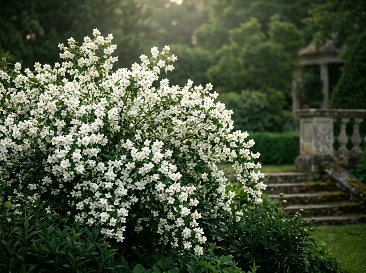 Gran ejemplar de Philadelphus (Celinda) con flores blancas cónicas en un jardín de diseño profesional.