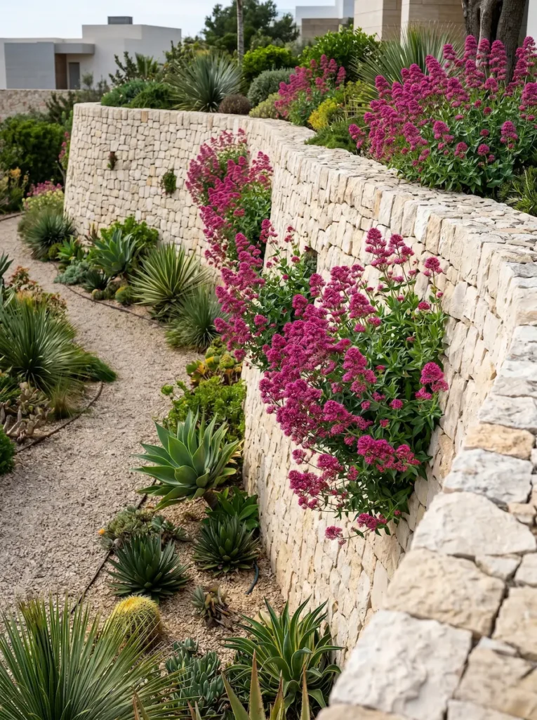 la Hierba de San Jorge (Centranthus ruber) en la composición rompe la rigidez de los materiales constructivos con una explosión de color magenta o coral.