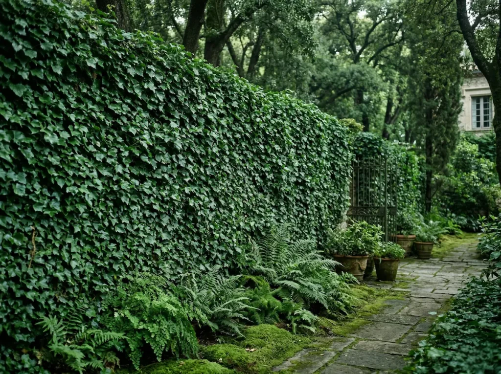 Muro de piedra noble cubierto por un tapiz denso de hiedra en un jardín sombrío de diseño.