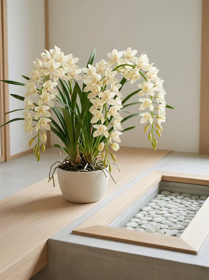 Orquídea Cymbidium crema en un entorno zen con piedras blancas y agua.