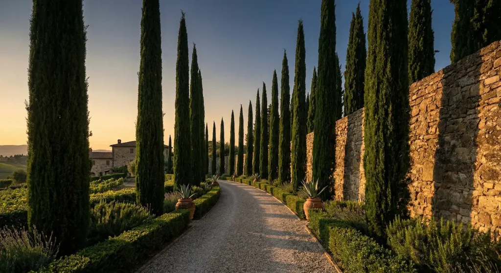 Cupressus sempervirens aporta una verticalidad arquitectónica que estructura el espacio