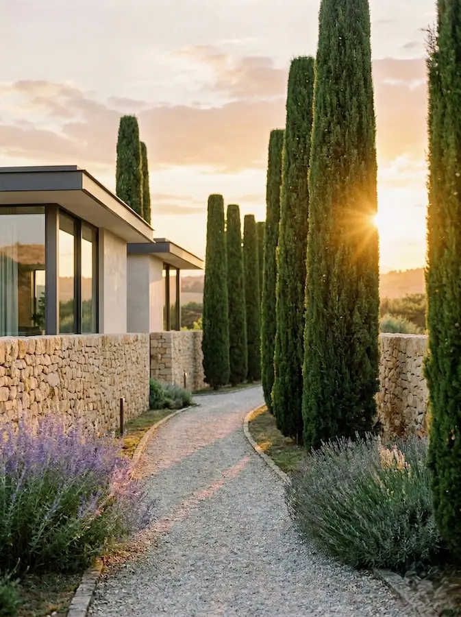 Alineación de ciprés totem flanqueando paso en finca rústica