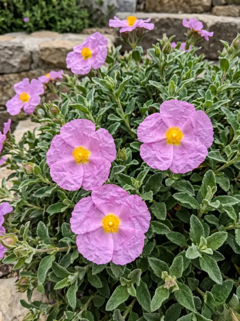 Primer plano fotográfico de los delicados pétalos arrugados color rosa malva y el estambre amarillo de la Cistus creticus, sobre su follaje rugoso.