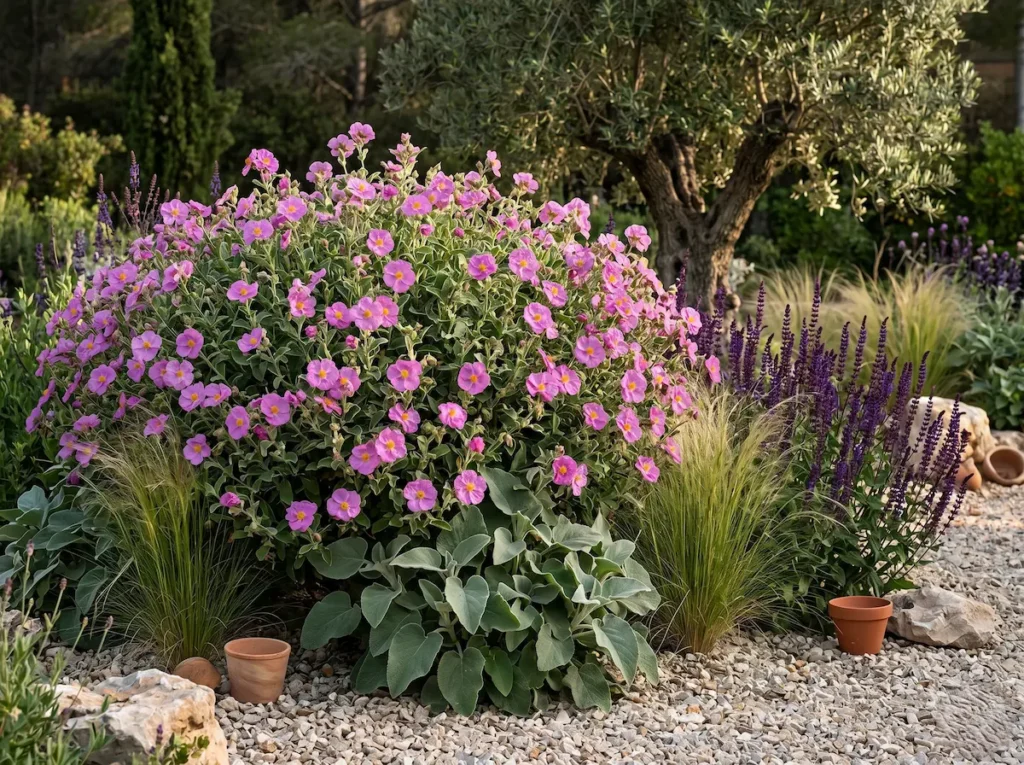 Cistus creticus se utiliza como el "ancla" visual de un arriate de grava mediterránea.
