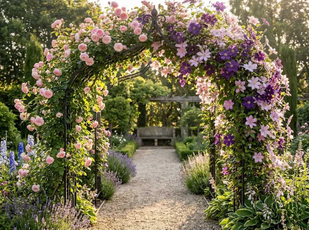 clematis en arco romántico de hierro