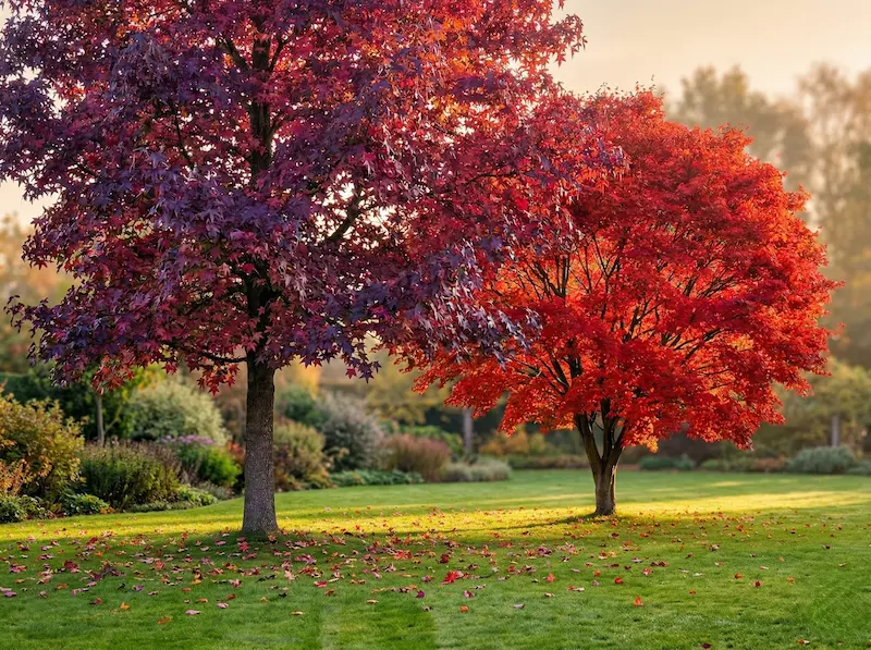 liquidambar y arce rojo red point en jardín época otoñal