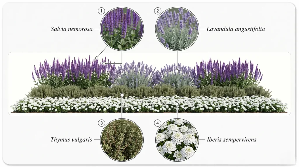 infografía de iberis con salvia nemorosa tomillo lavanda