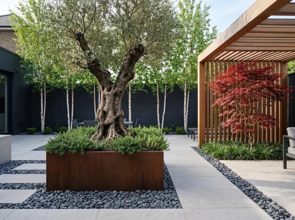 conjunto jardín residencial con olivo arce japonés , abedules 