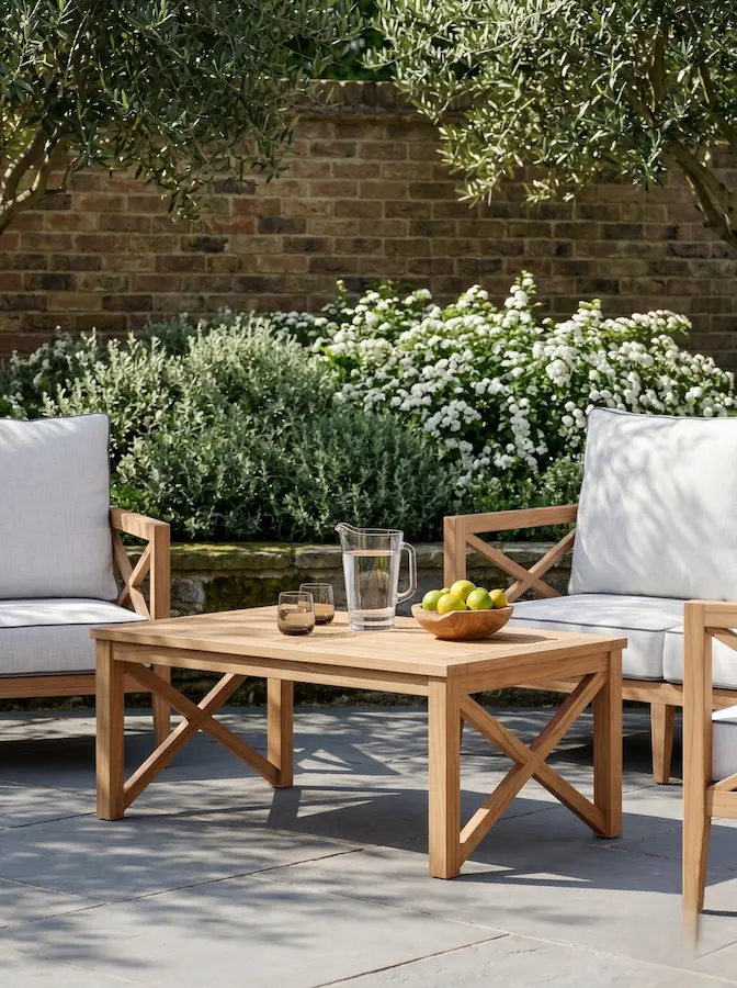 conjunto sillones y mesa baja en rincón ajardinado