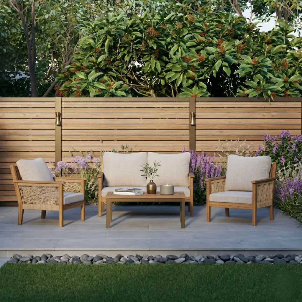 conjunto de sofá sillones y mesa baja en teca