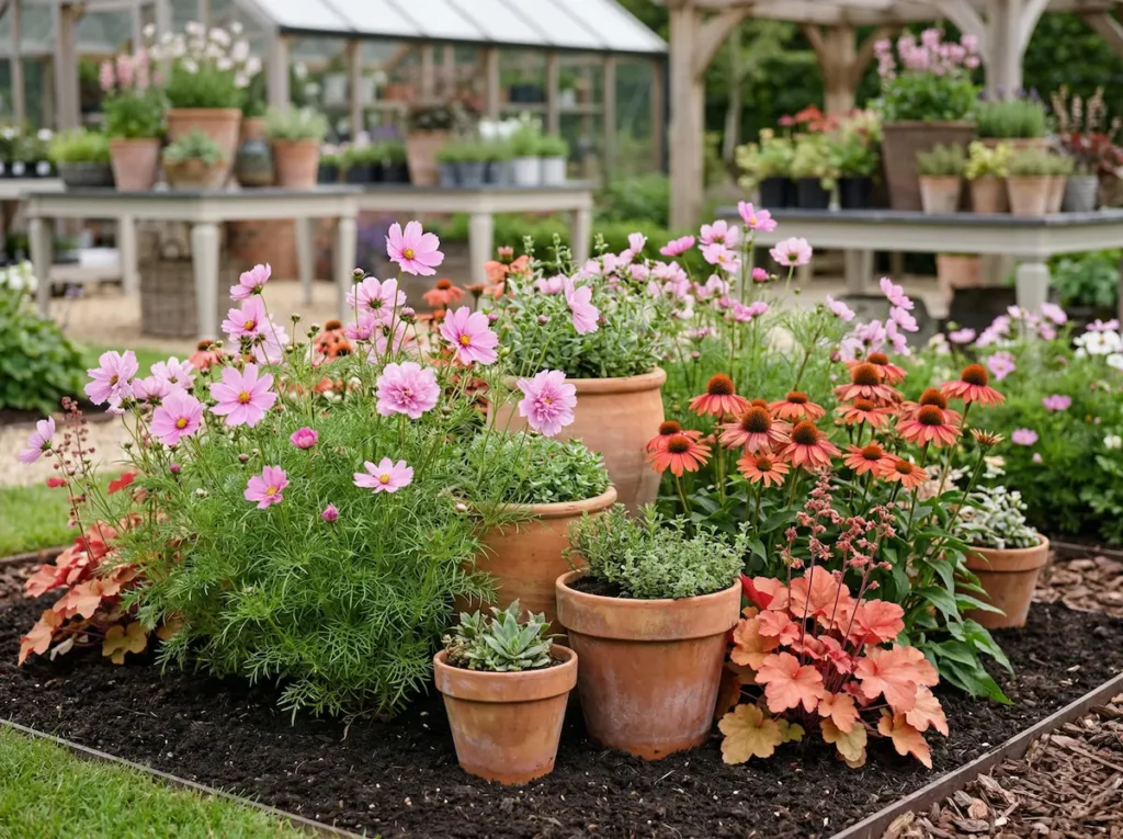 Detalle de Cosmos integrados con flores coral en un macizo de jardín profesional y cuidado.