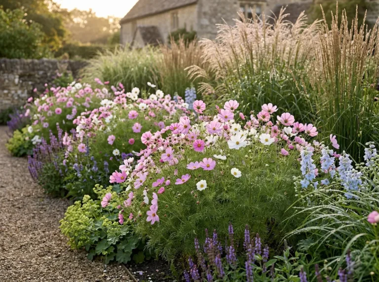 Masa de flores de Cosmos rosa y blanco en un jardín de estilo cottage con luz de tarde.