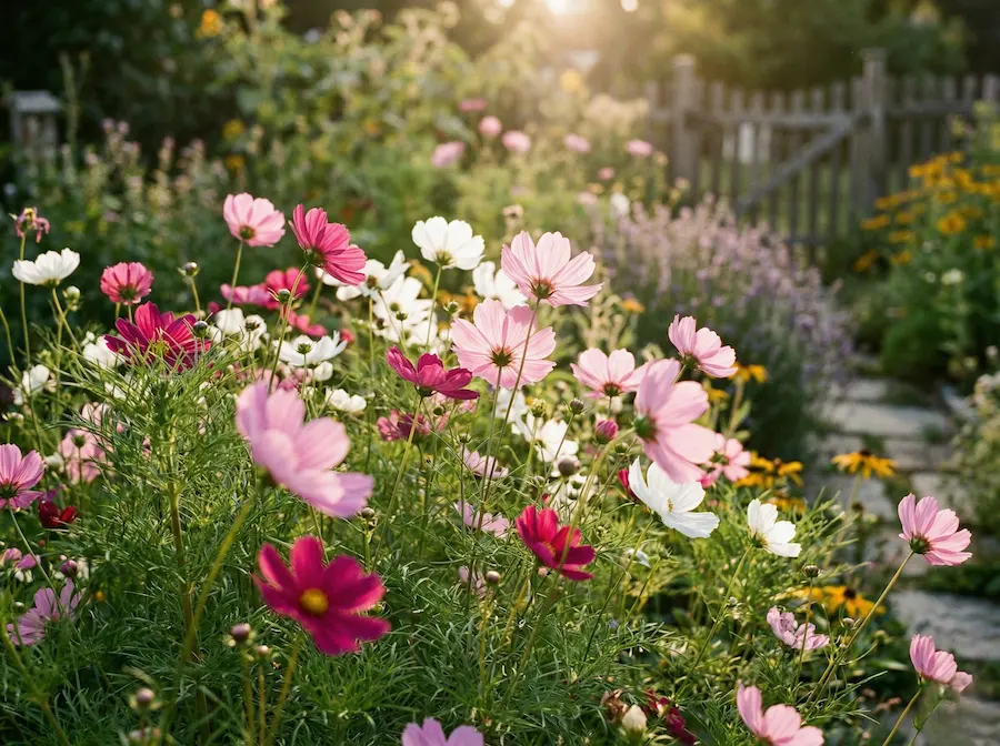 Flores de Cosmos en tonos rosa y blanco balanceándose con la brisa en un jardín de estilo naturalista.