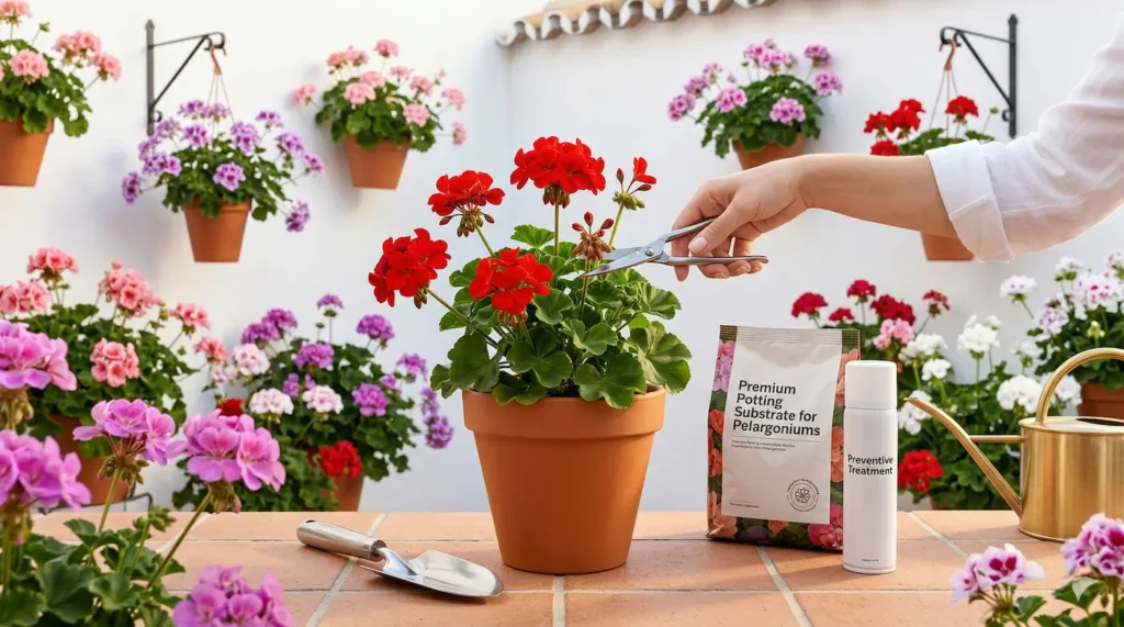 mesa de trabajo cuidado de geranios abono, sustrato y fitosanitarios