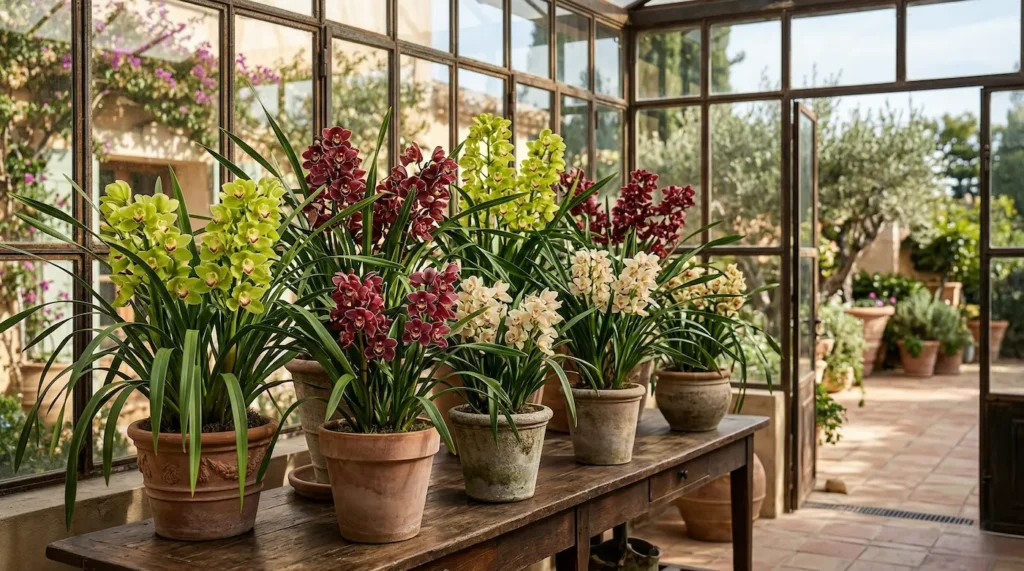 cymbidium distintas variedades en maceta ubicadas en invernadero