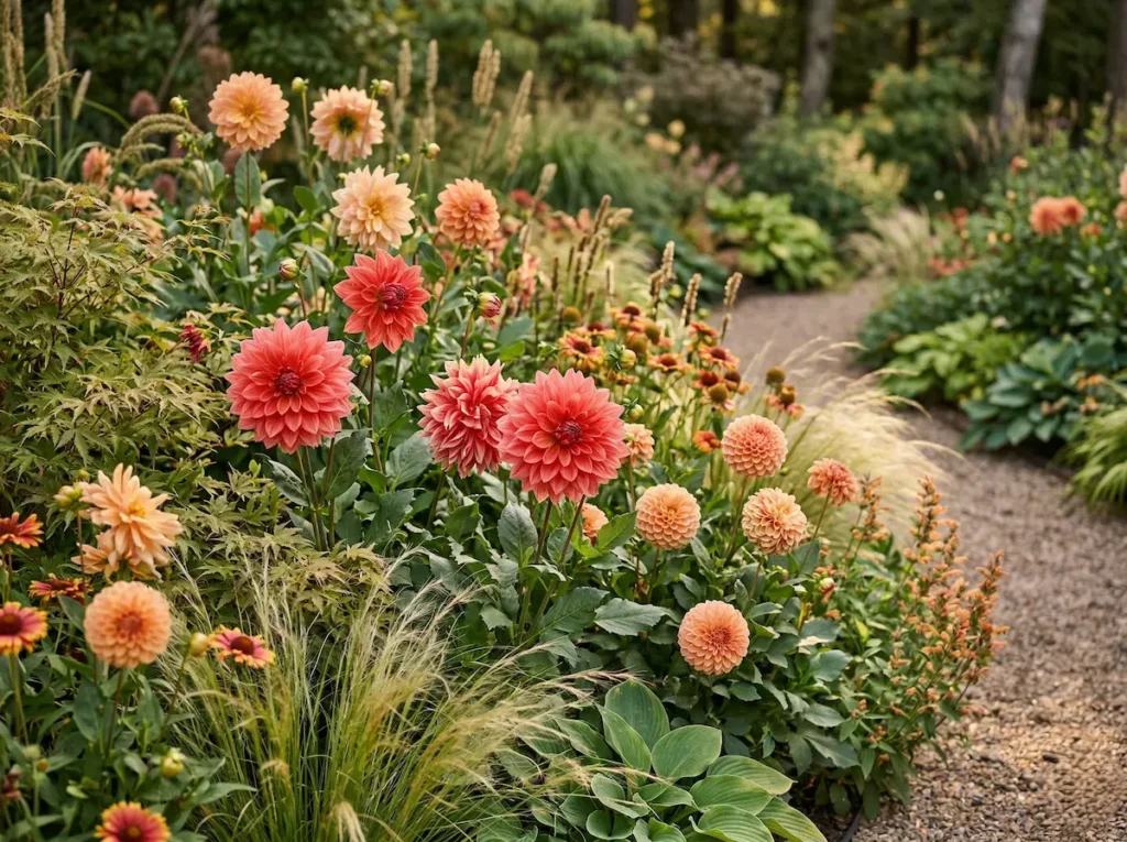 Dalias integradas con gramíneas y texturas de follaje profundo en una bordura de jardín madura y cuidada.