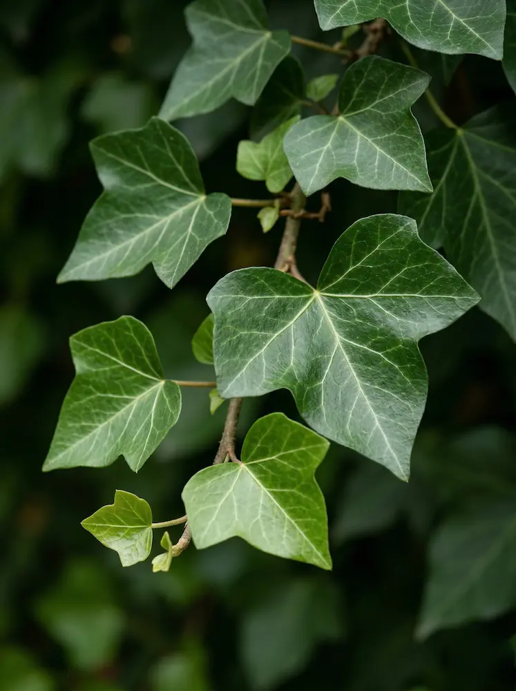 Detalle de conjunto de hojas de hiedra verde oscuro con nervaduras blancas marcadas.