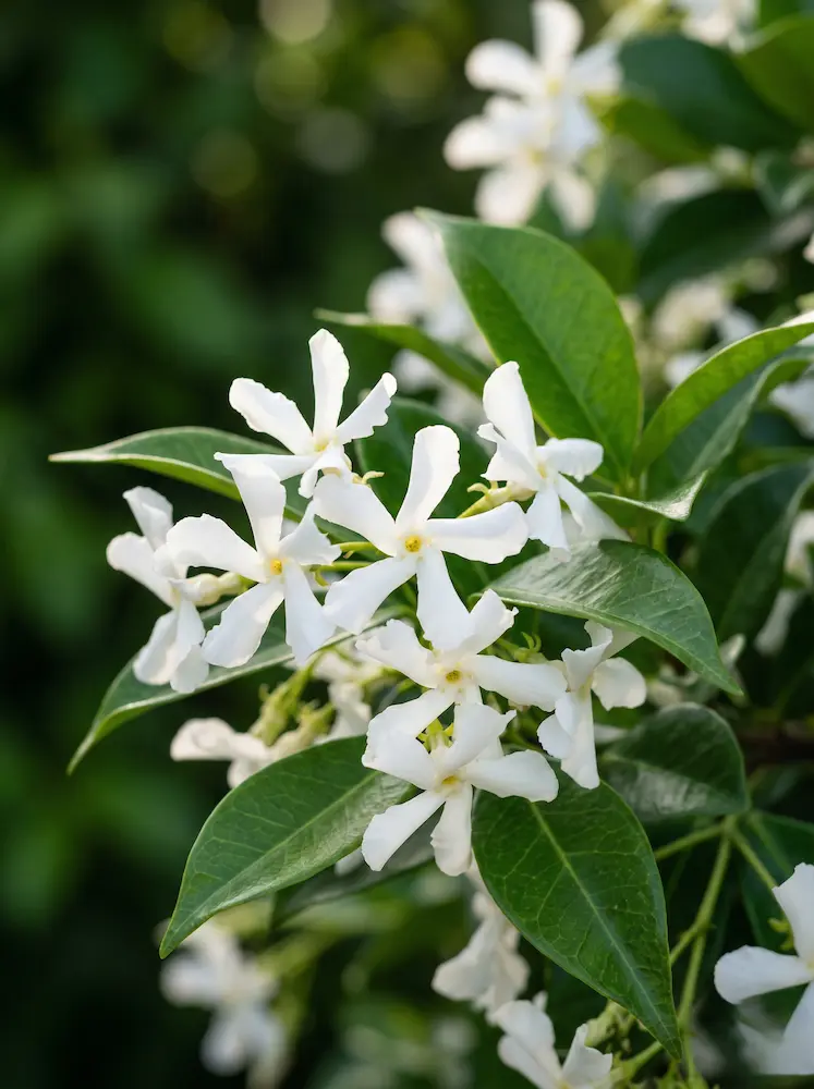 Primer plano de detalle de flores blancas estrelladas y hojas brillantes del Trachelospermum jasminoides.