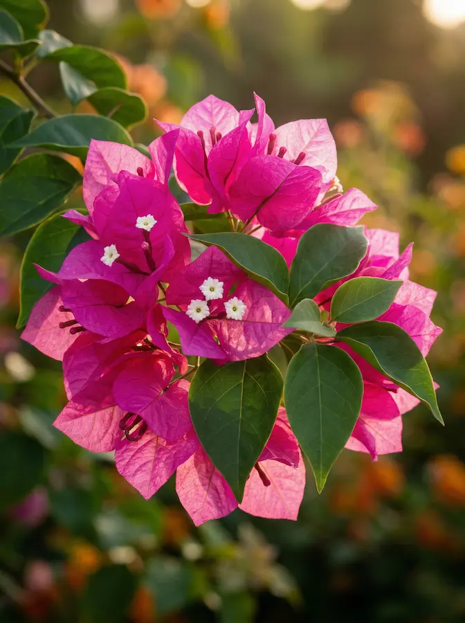 Detalle de conjunto de brácteas de Buganvilla magenta y hojas verdes con luz de mañana traslúcida.