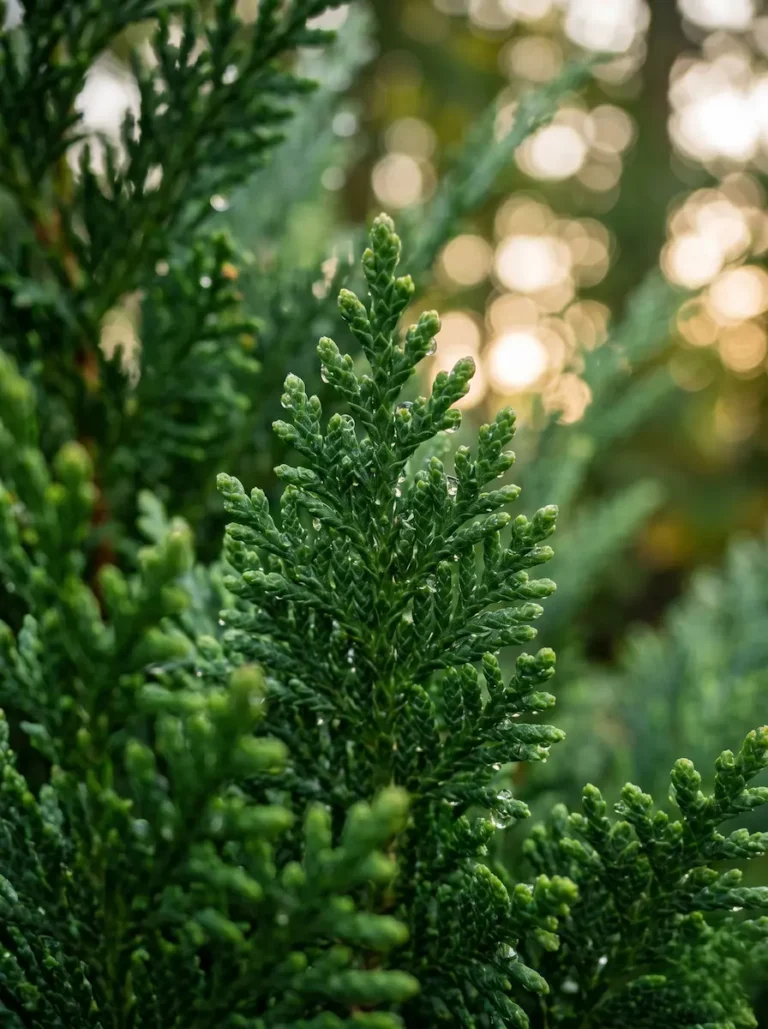 Fotografía macro del follaje escamoso, denso y de color verde profundo del ciprés de Leyland (Cupressus x leylandii).