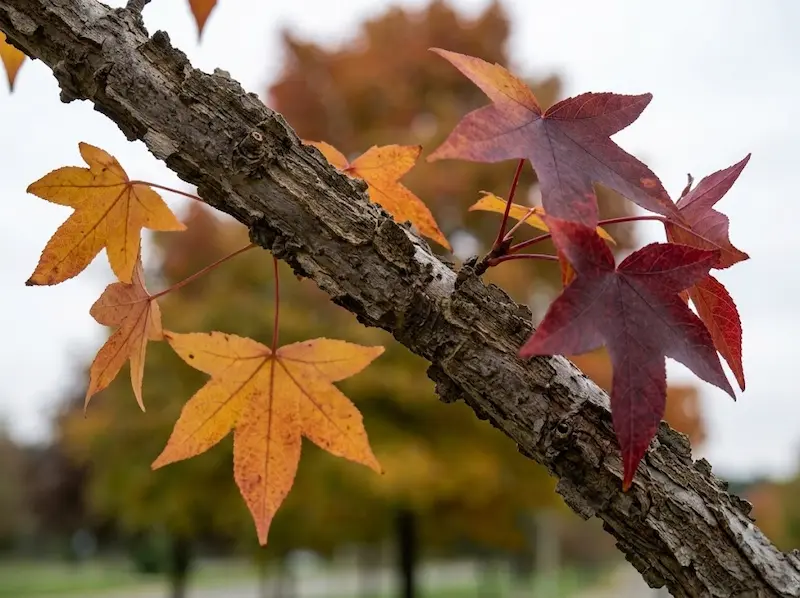 detalle rama y hoja de liquidámbar en otoño