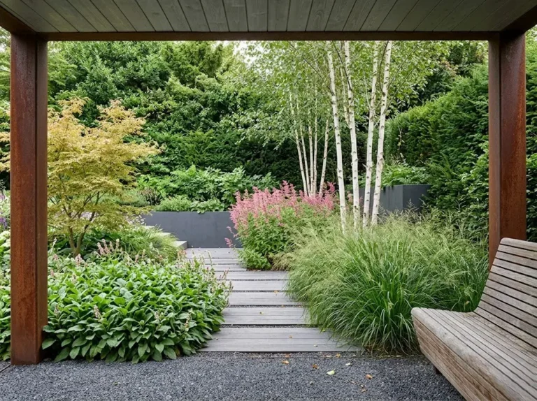 jardín ingles moderno integrados entre la vegetación jardineras y bordes metálicos, camiinos con piedra recortodas y grava gris