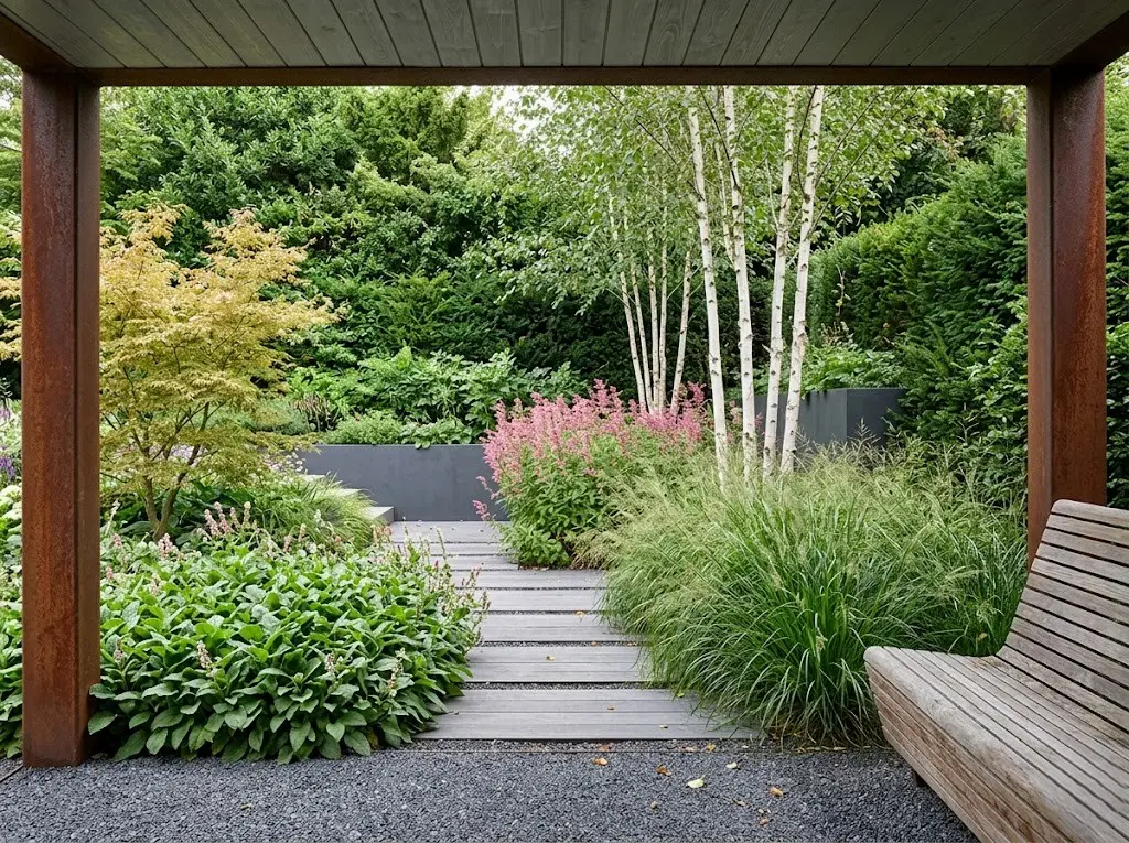 jardín ingles moderno integrados entre la vegetación jardineras y bordes metálicos, camiinos con piedra recortodas y grava gris