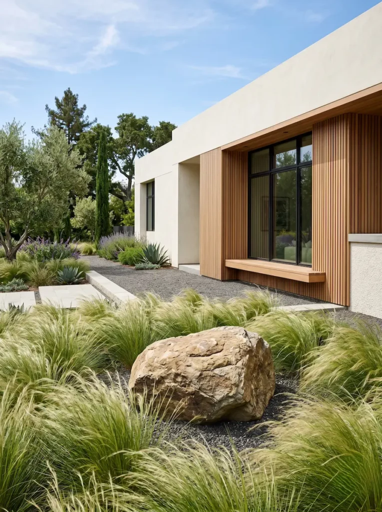 agrupación de cantos rodados de distintos diámetros alrededor de la vegetación rompe la rigidez del pavimento adyacente. La redondez de las rocas dialoga fluidamente con las texturas