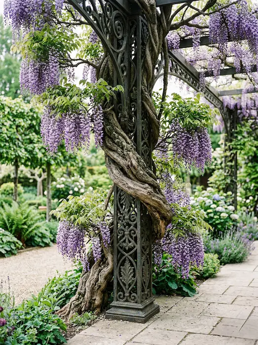 contraste entre la solidez de una pérgola de forja clásica —con su pátina natural y mantenimiento impecable— y el tronco leñoso, grueso y retorcido de una glicinia adulta.