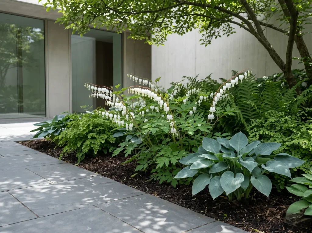 Composición vegetal de sombra con Dicentra spectabilis 'Alba' integrada entre helechos y hostas, mostrando un estándar profesional de diseño