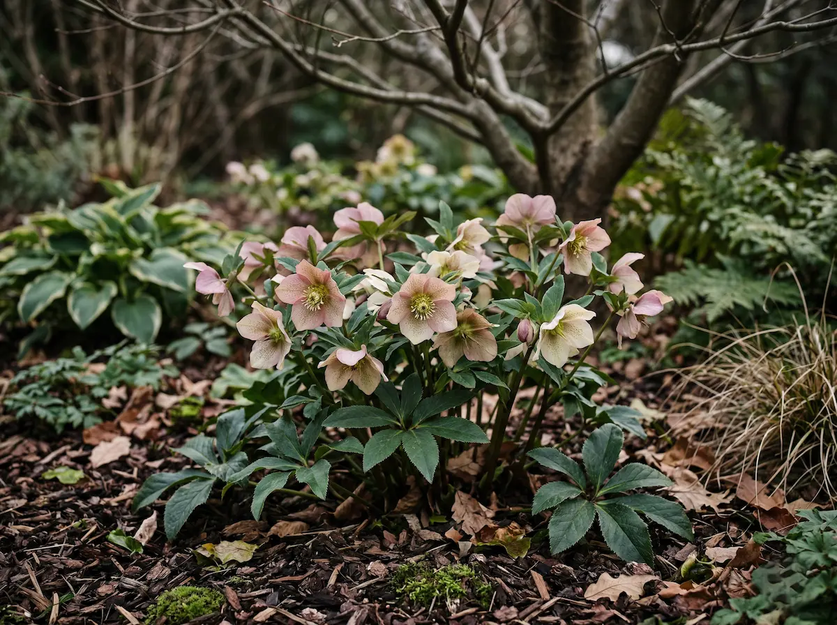 Flores de eléboro rosa empolvado creciendo bajo la sombra de un árbol en un jardín invernal.