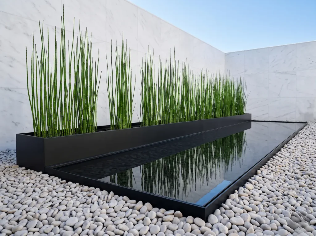 Integración paisajística del Equisetum hyemale aportando una estricta verticalidad junto a una lámina de agua reflectante y pavimentos de mármol blanco en un diseño contemporáneo.