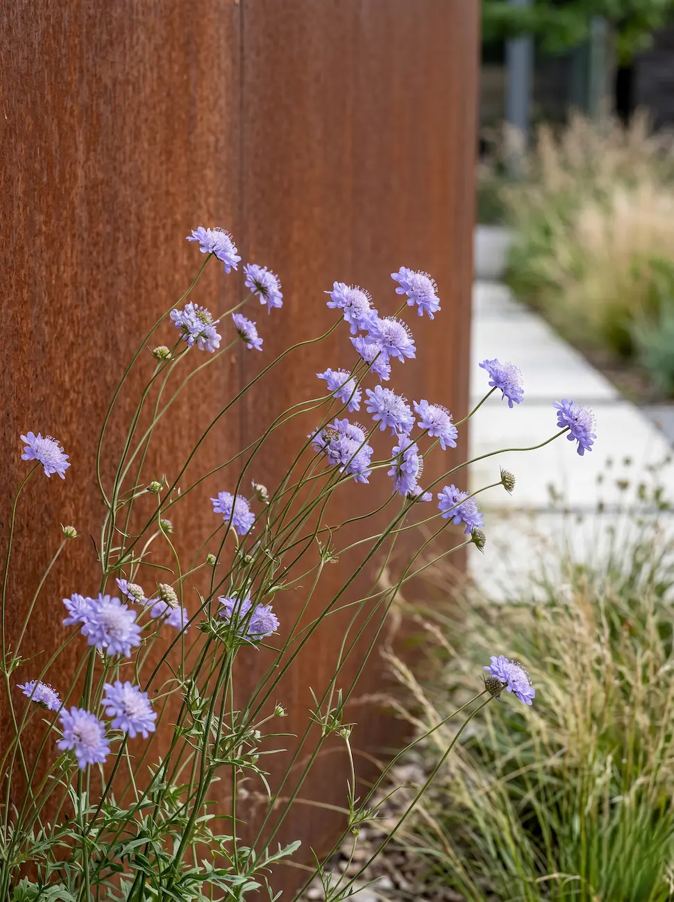 Escabiosa (Scabiosa columbaria). Sus flores, semejantes a delicados acericos en tonos lavanda, levitan sobre tallos filiformes que responden a la mínima corriente de aire