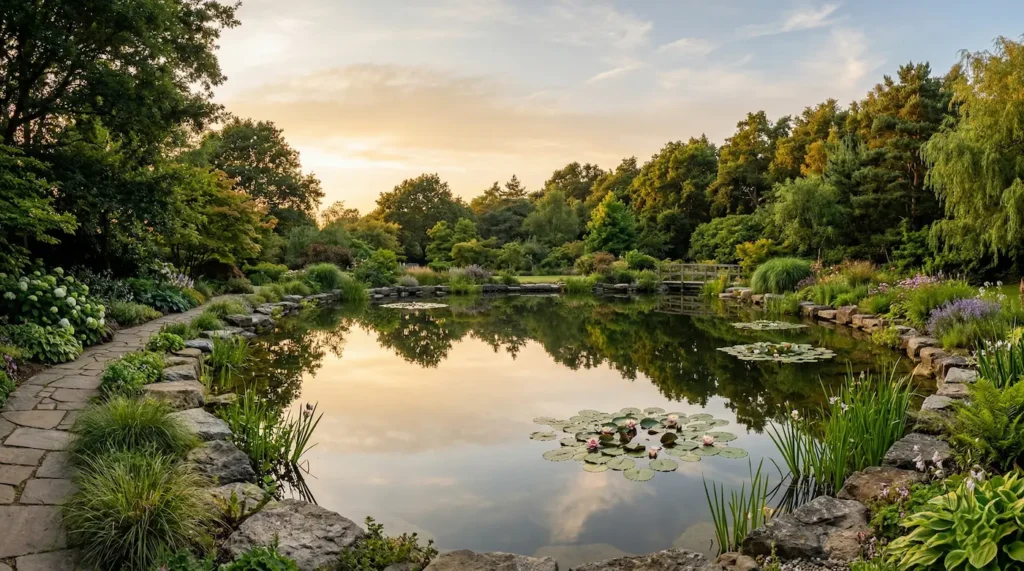 Vista panorámica de un estanque de jardín natural con agua tranquila reflejando el cielo al amanecer y bordes de piedra orgánicos.