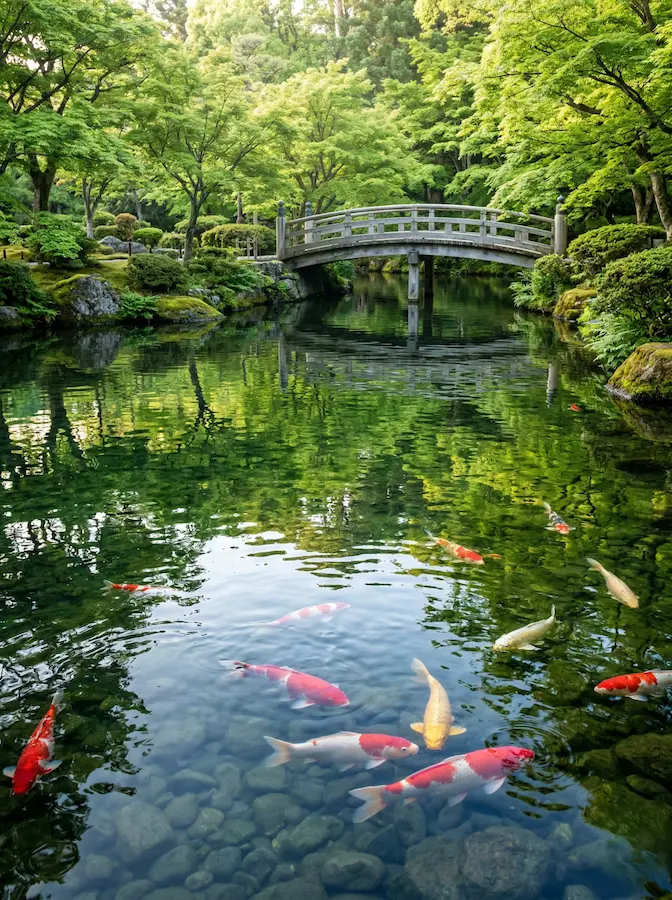 estanque de aguas cristalinas donde las carpas aportan pinceladas de color naranja y blanco. Al fondo, un puente de madera de líneas sencillas y pátina grisácea establece una conexión arquitectónica con el entorno.