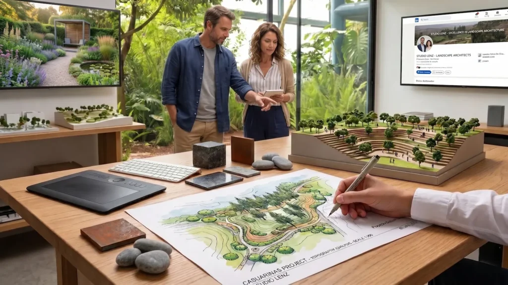 estudio de paisajismo en pleno trabajo