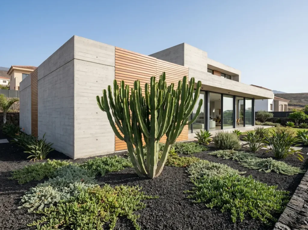 cardón canario o Euphorbia canariensis se utiliza como el foco escultórico de un patio residencial de diseño