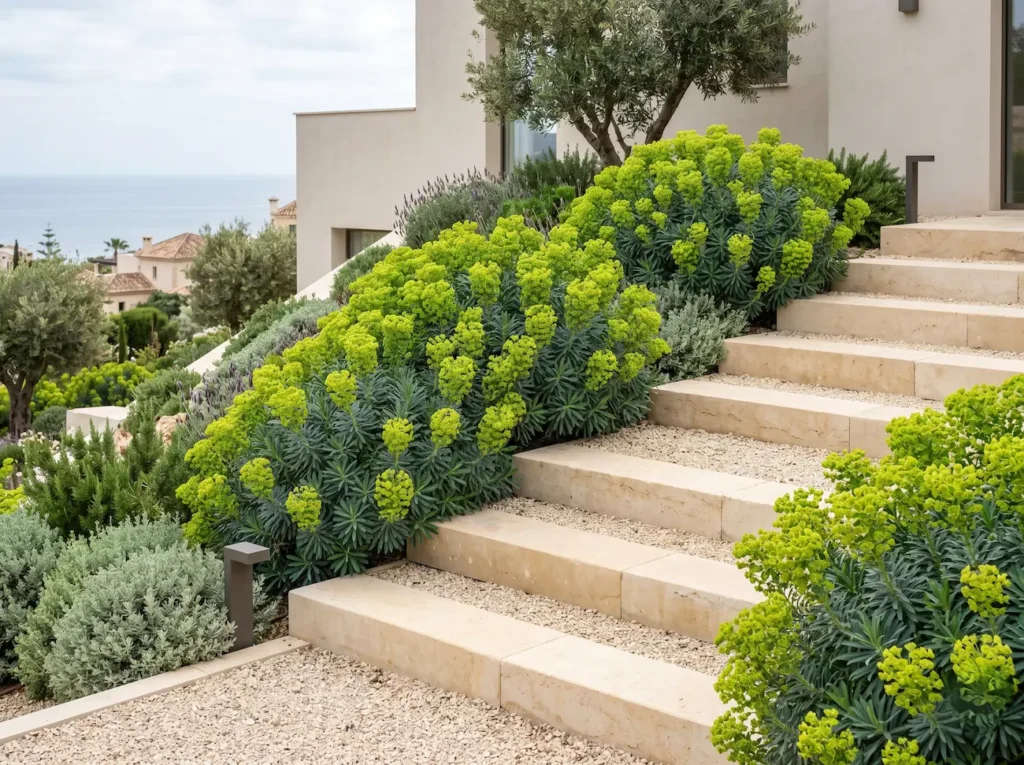 Integración paisajística de la Euphorbia characias aportando estructura vertical junto a una escalinata de piedra caliza en un jardín contemporáneo de secano.
