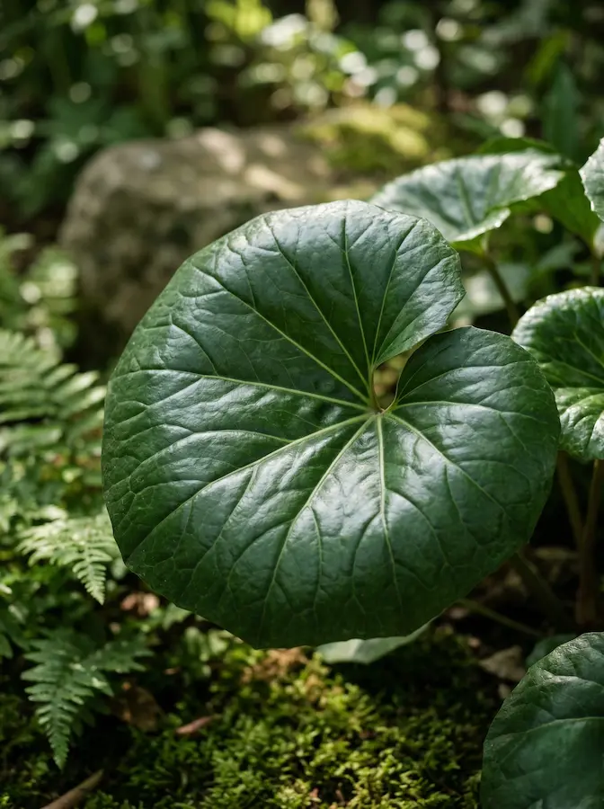 La fuerza del Farfugium reside en su textura coriácea. En la composición, actúa como un imán visual; su superficie pulida refleja la luz ambiental,