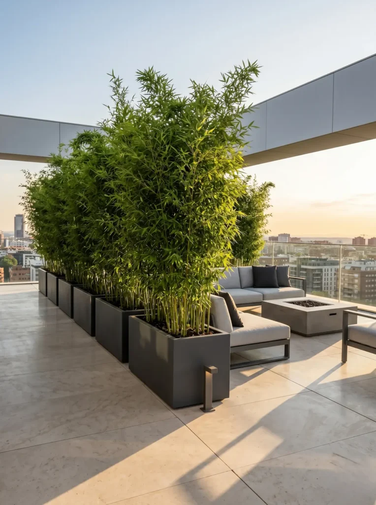 Jardineras minimalistas de líneas depuradas albergando Bambú no invasivo (Fargesia spp.) para zonificar una terraza exterior, aportando un nexo vegetal de excelencia botánica.