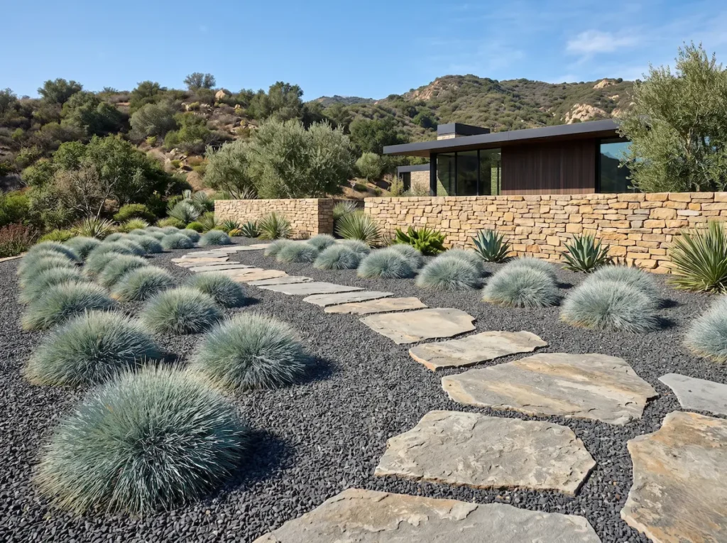 Integración paisajística de masas globosas de Festuca azul (Festuca glauca) sobre un lecho de grava volcánica oscura en un jardín contemporáneo de bajo mantenimiento.
