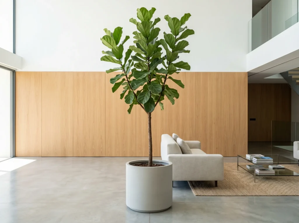 Integración paisajística del Ficus lyrata aportando verticalidad y escala monumental en un espacio interior de estética contemporánea con acabados en microcemento.