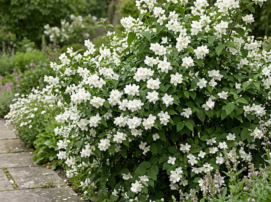 Arbusto Philadelphus con profusión de flores blancas de cuatro pétalos y follaje verde denso.