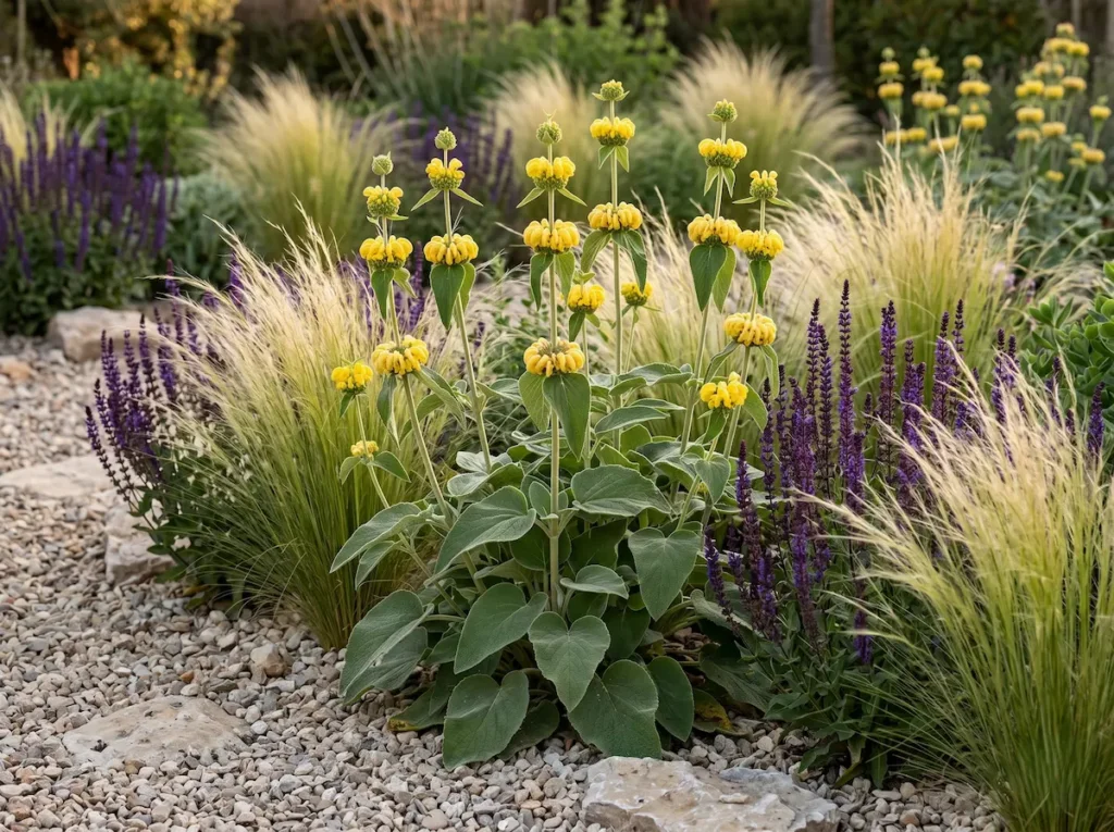 Sus verticilos amarillos crean una línea horizontal discontinua que organiza la mirada.