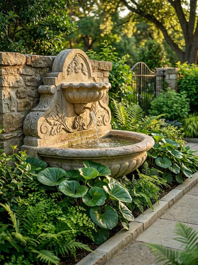 Fuente de piedra artesanal nítida rodeada de helechos, bajo luz de mañana que resalta el agua y la textura.